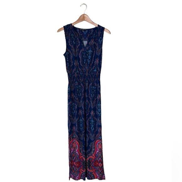 Adrianna Papell Dress Cute Blue Paisley Stretch Knit Boho Hippie Maxi - Picture 1 of 7